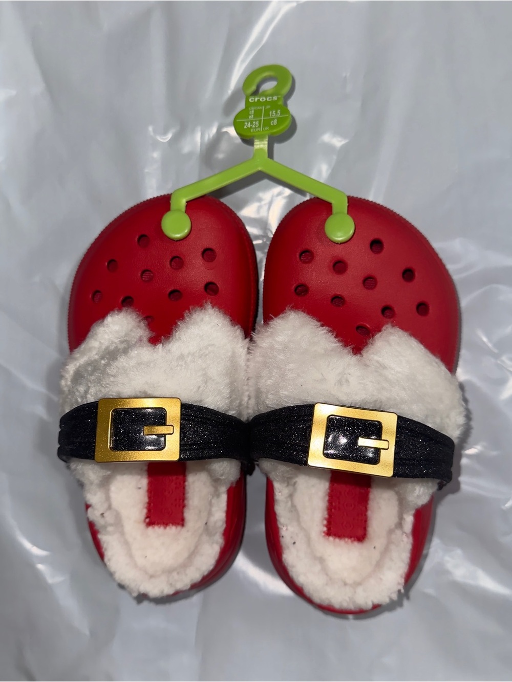 CROCS Red Clog Slides with Black Strap and Cream Fuzzy Lining